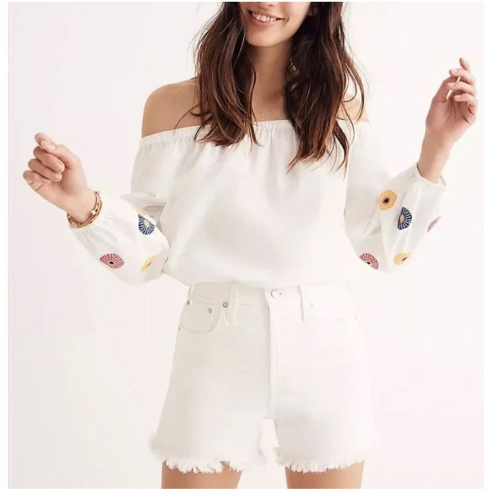 NWT Madewell Women’s Embroidered Off the Shoulder Top White Long Balloon Sleeve